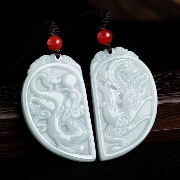Feng Shui Wealth Jade Pendant Necklace Natural Ice Jadeite Dragon and Phoenix Pendant Necklace Healing Stone Amulet Attracting Wealth Talisman for Prosperity Money Good Luck