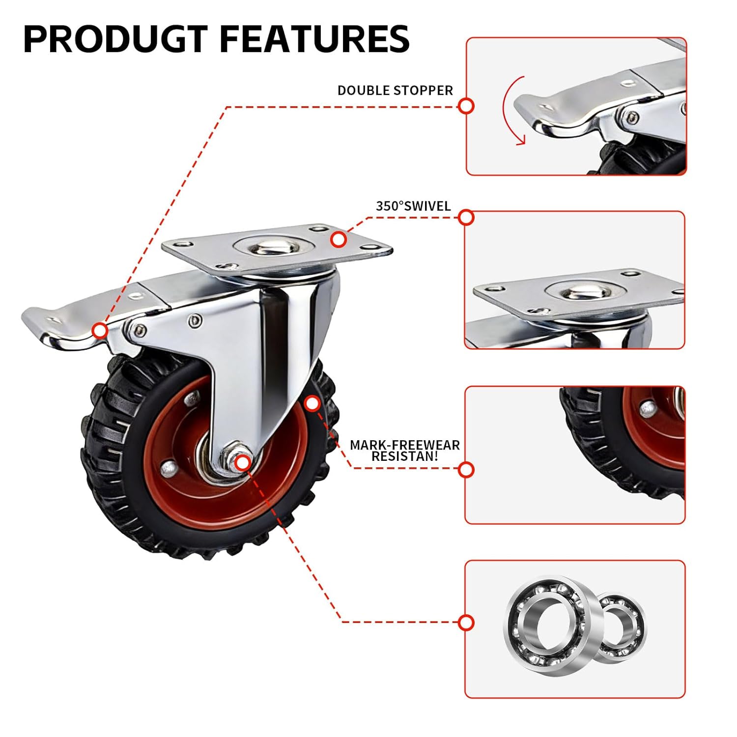 5 Inch Caster Wheels with Safety Dual Locking and Rubber Tire Wheels, Heavy Duty - 600 Lbs Per Caster for Workbench, Cart, Trolley, Dolly, Cabinet, Compact Rubber Castor Wheels, 4-Packs（Black）