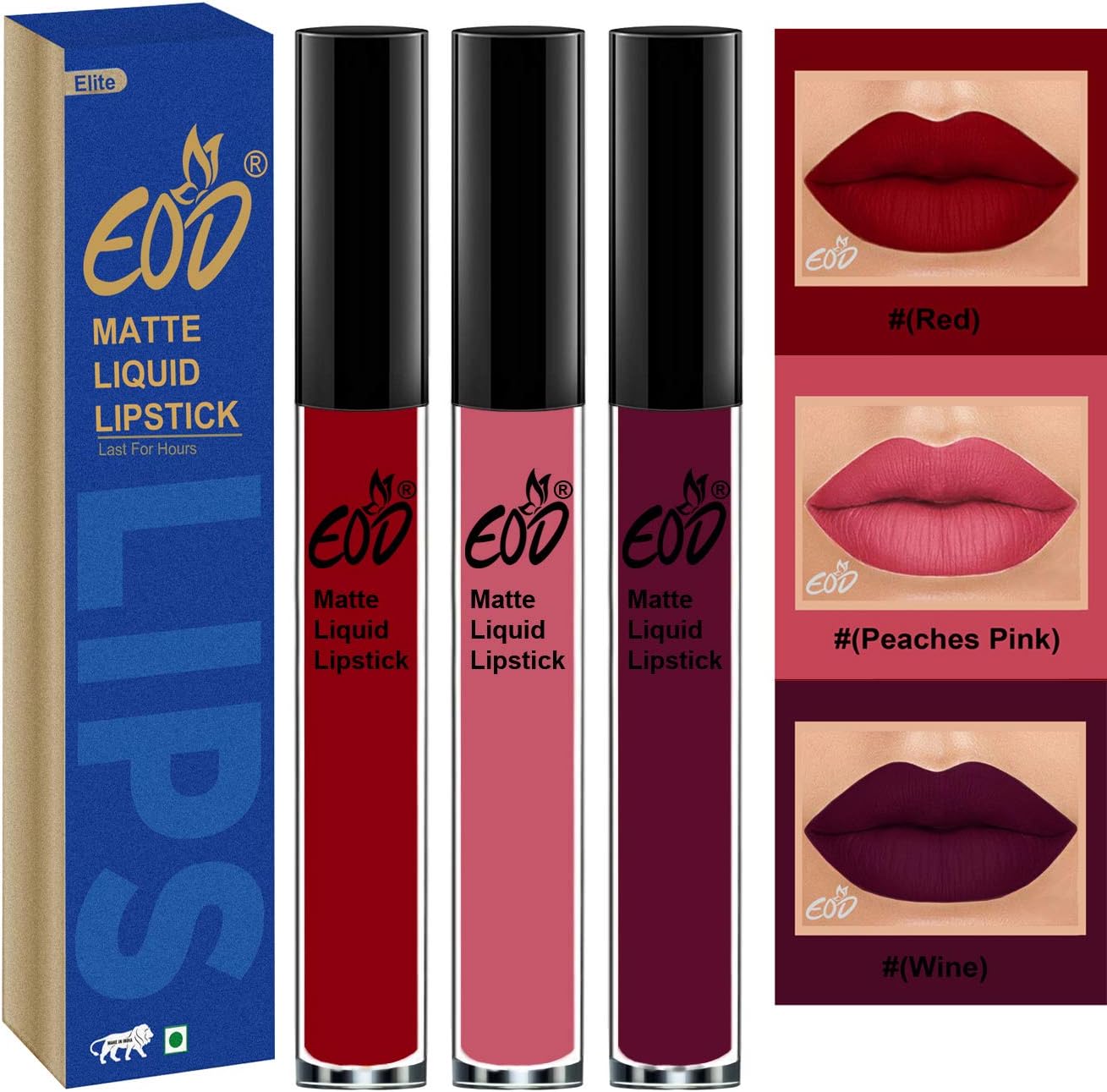 EODLong Lasting Made in India Liquid Matte Lipsticks Combo Offer Set of 3 (Red, Peaches Pink, Wine 9 ml)