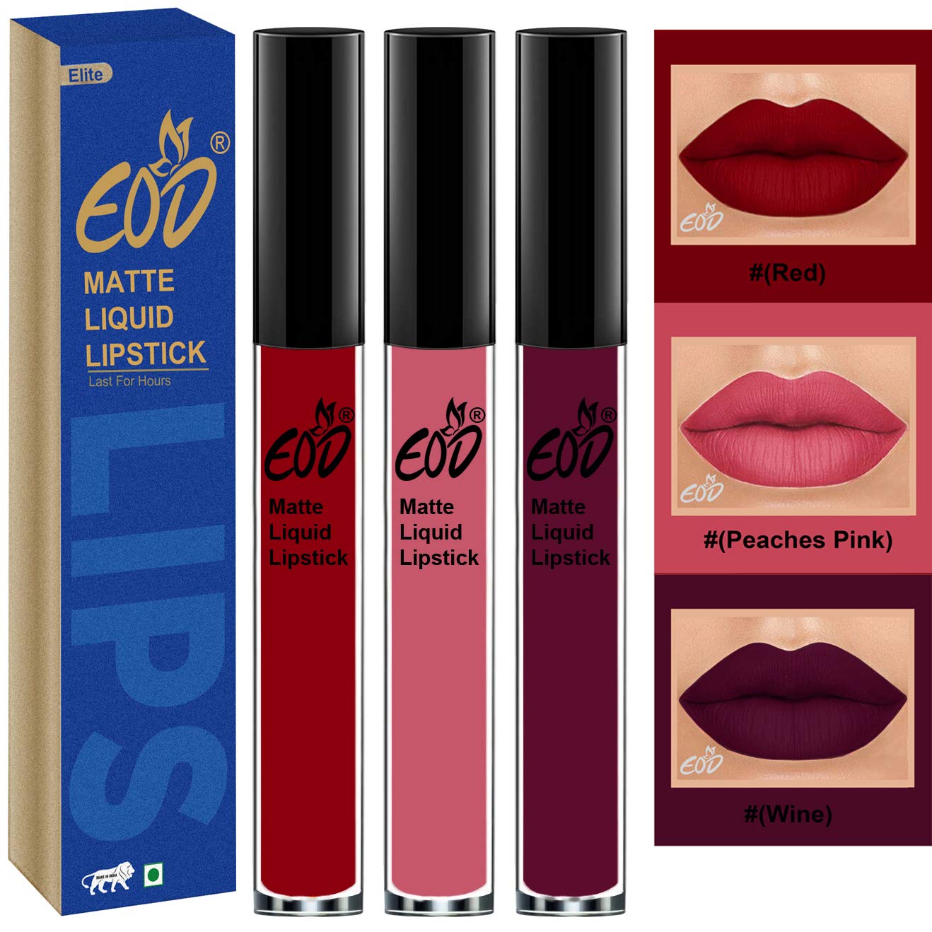 EODLong Lasting Made in India Liquid Matte Lipsticks Combo Offer Set of 3 (Red, Peaches Pink, Wine 9 ml)