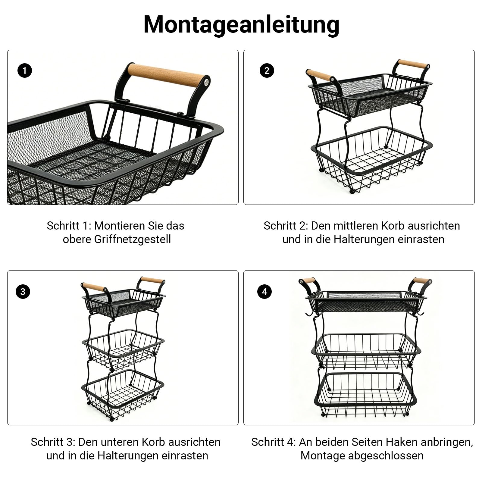 Obstkorb mit 3 Ebenen, Obst-Gemüsekorb mit 2 Bananenaufhängern, Küchenarbeitsplatte, Anrichte, Vorratsschrank, zur Aufbewahrung für Brot, Snacks, Obst（ Schwarz）