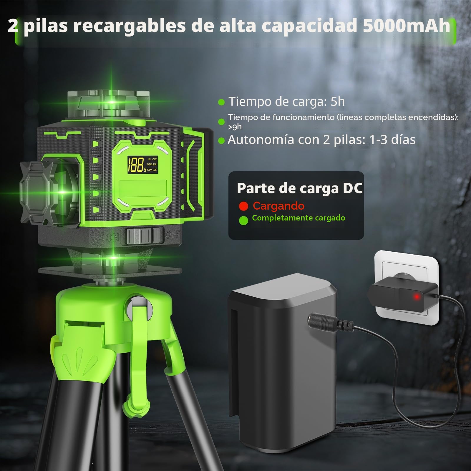 Nivel Laser Autonivelante 360 Grados, Nivel Láser Verde 16 Líneas, 2 x 360 Horizontal y 2 x 360 Verticales, 2 x Batería, Montaje en Pared, Control Remoto, Base Magnética, Soporte Giratorio