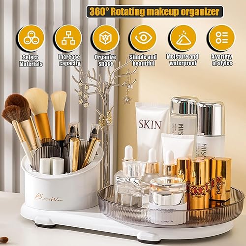 Miniatura 3 de Organizador de maquillaje giratorio de 360, vitrina giratoria de gran capacidad para cosméticos de tocador, lápices labiales, joyas, cuidado de