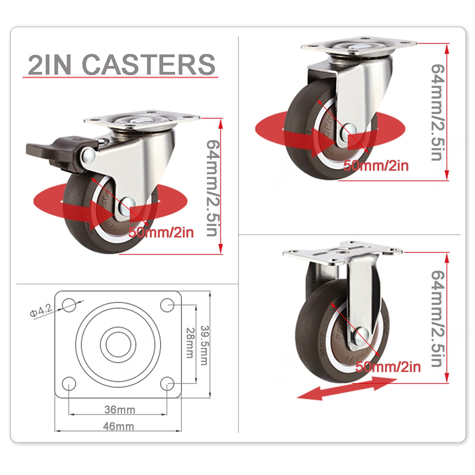 Ruote girevoli,Rotelle mobili con Freno,1.5/2-Inch Castor Combo Set,Ruota in Gomma Morbida TPE Marrone,capacità di carico Totale 220Lbs/100Kg Ruote del Pacchetto 4,Swivel-2in