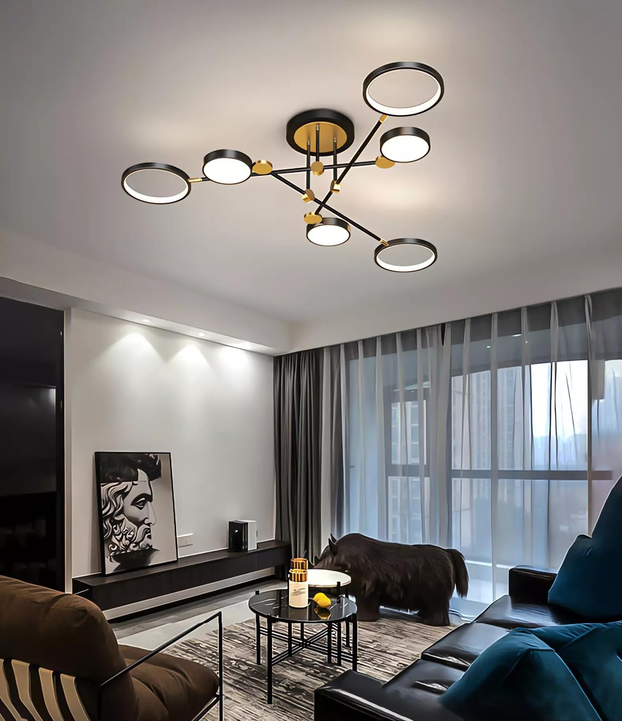 MOMOYY Living Room LED Ceiling Lights Modern Dimmable Ceiling Lamp with Remote Control Bedroom Ceiling Light Indoor Lighting Recessed for Living Room Bedroom Dining Room (Black, 6 Heads)