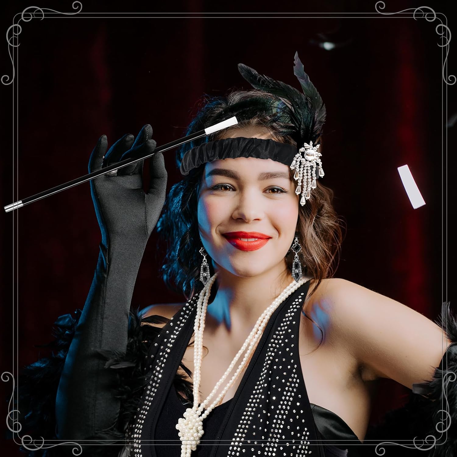 6 Pcs 1920s Elegant Rhinestone Mesh See Through Bodycon Dress with 20s Flapper Accessories Set