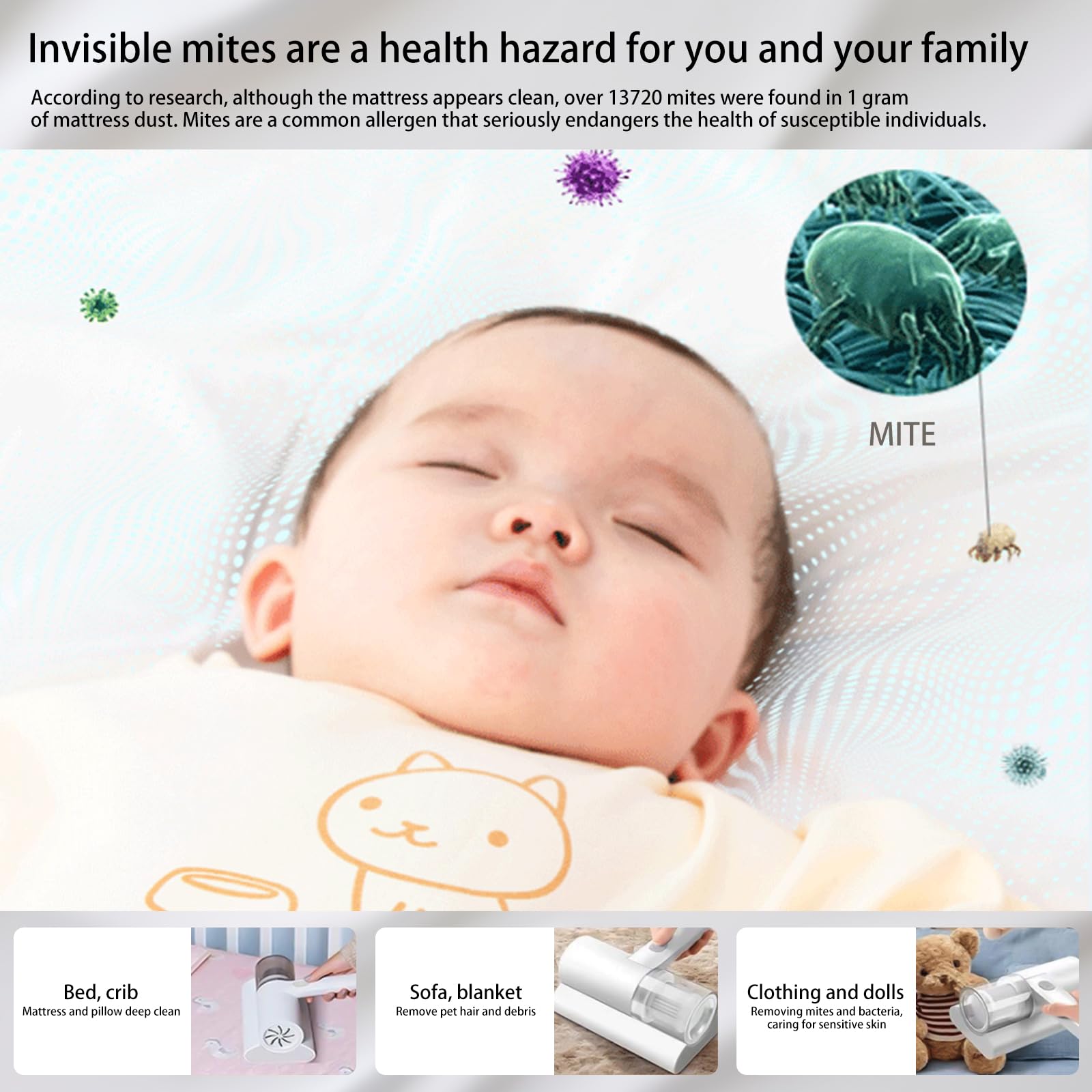 Aspirateur Matelas, Aspirateur Anti-Acariens, Vibration Haute Fréquence, Filtrage Trois Niveaux, Filtre Lavable, pour Canapés, Matelas Et Jouets en Peluche
