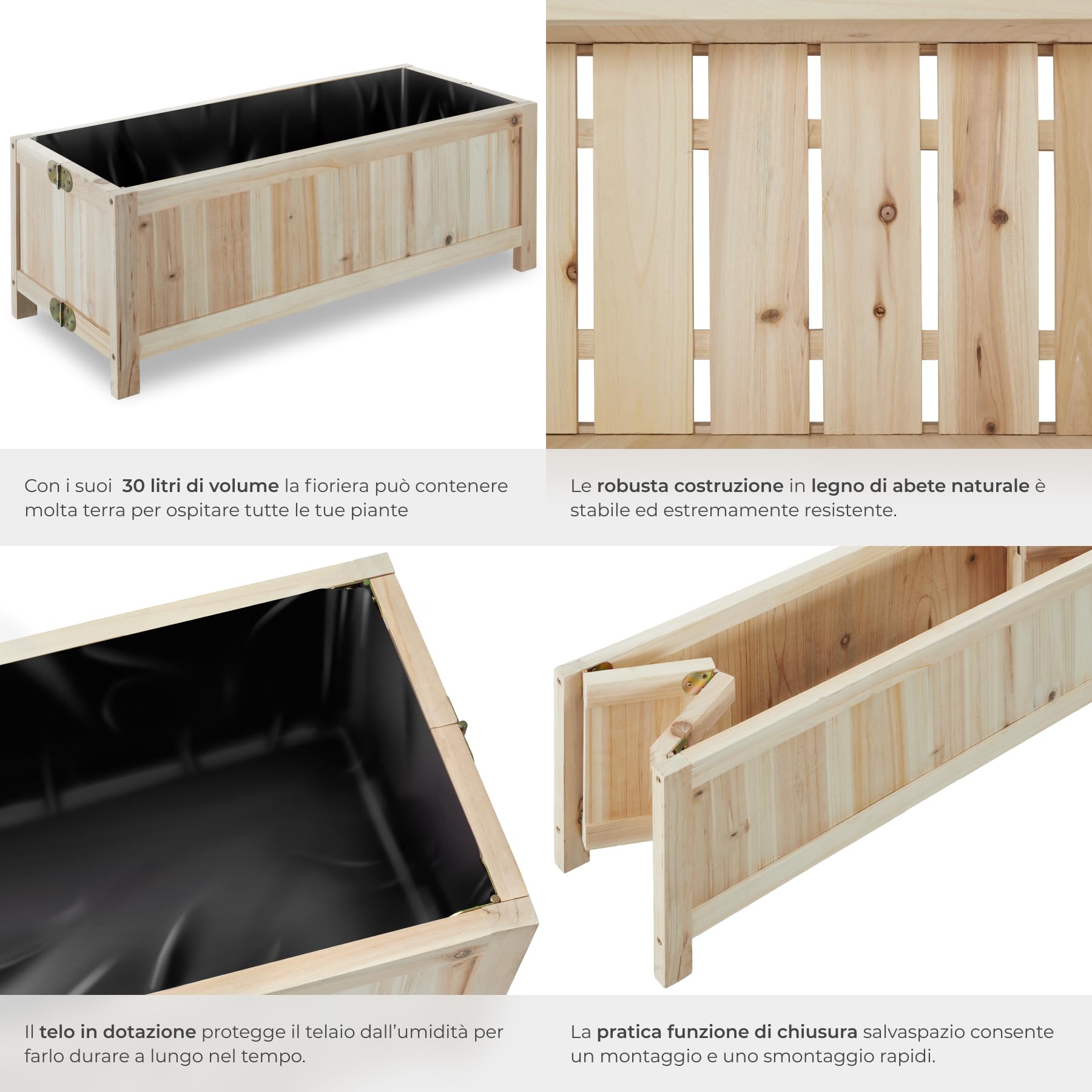 tectake® Cassone per Orto Rialzato, Legno di Abete, Pieghevole, 30l, con Pellicola Protettiva, per Verdure, Erbe Aromatiche e Fiori, per Giardino, Balcone e Terrazza, 70x30x25 cm
