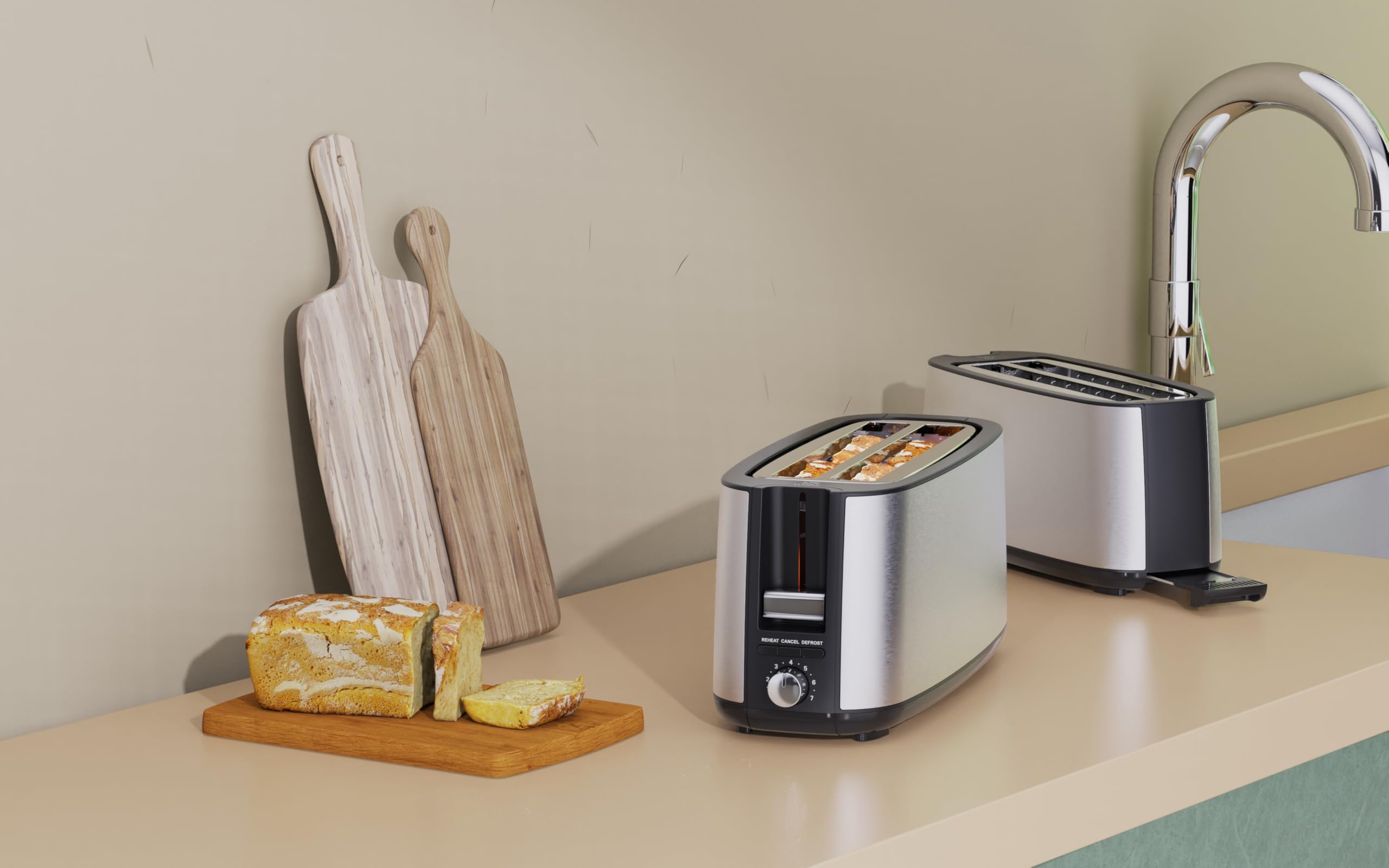 WOOX Tostador 4 rebanadas con cajón de migas extraíble, ranuras largas, función recalentar y recrispado, 7 niveles de tostado, 1400W, tostador acero inoxidable mate - Pan tostado, bagels y gofres