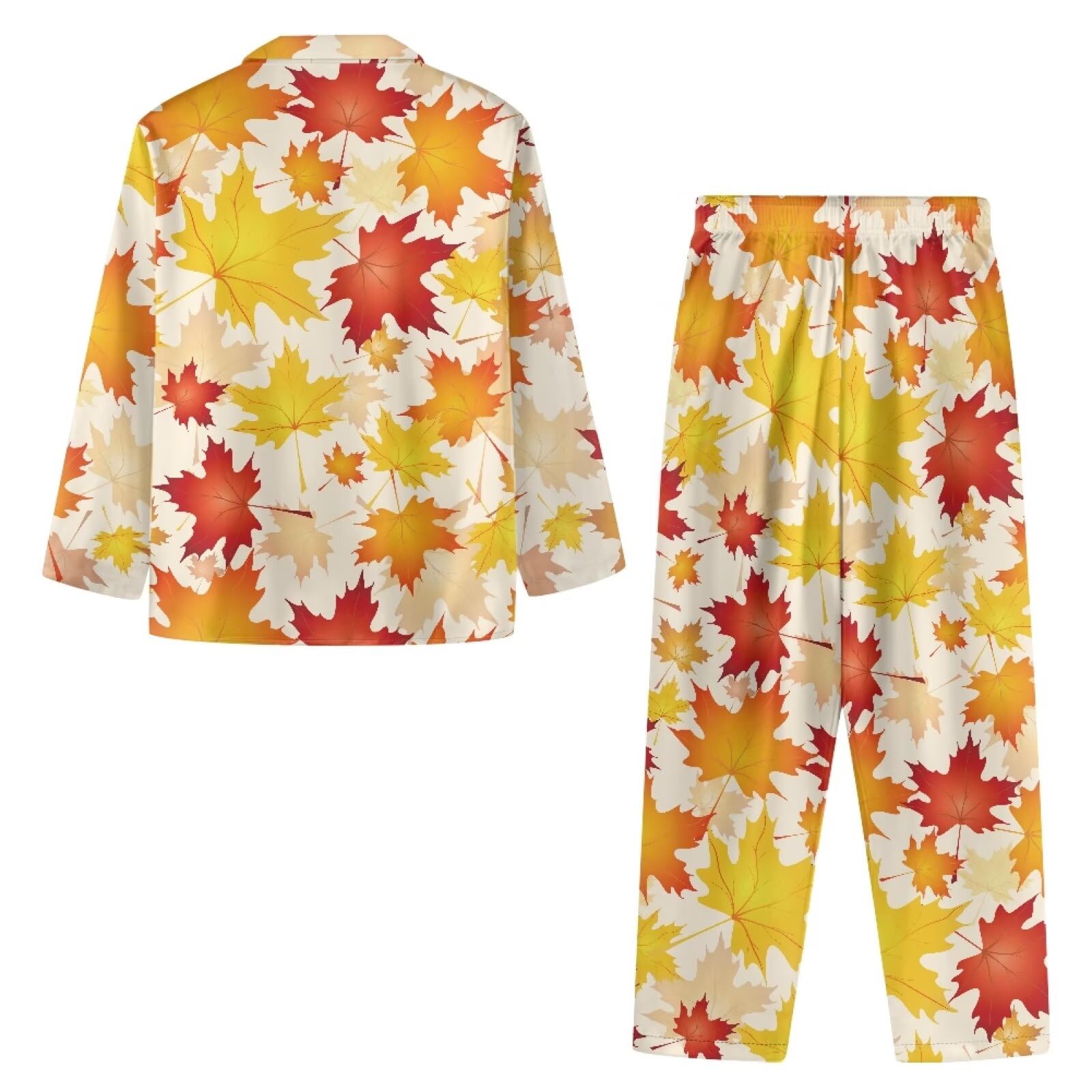 Biyejit Conjunto de pijama para mujer, estilo casual, con botones, cuello en V, bolsillos y bolsillo, tallas XS-4XL, 2 piezas, Hojas de arce otoñales, 3XL