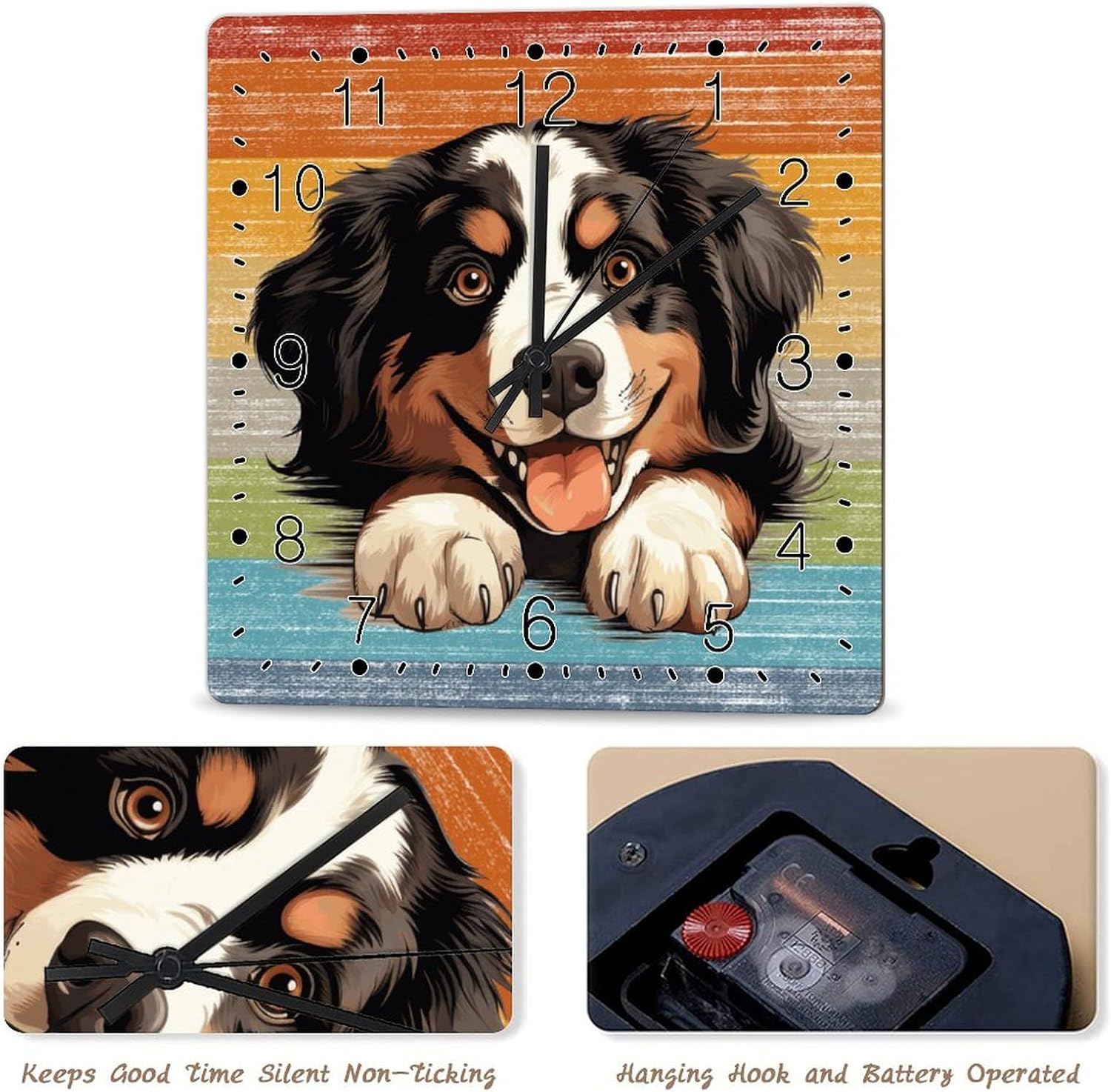 Bernese Mountain Dog Rainbow Dog Wooden Wall Clock Bernese Mountain Dog Cute Funny Peeking Dog Puppy Clocks Battery Silent Wood Wall Clocks Gay Pride Parade Gift Wooden Clock 12x12in