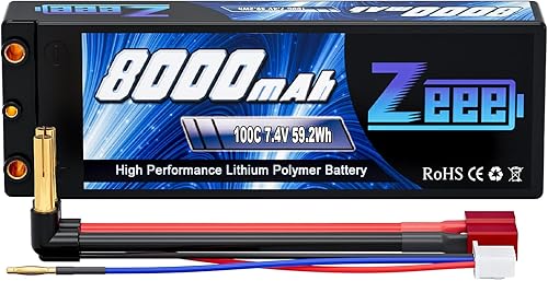 Zeee 2S 8000mAh Lipo Batería 7.4V 100C Estuche Duro Lipo Batería con 0.157 in Bullet T Plug para 18 110 RC Modelo de Coche Slash Buggy Equipo