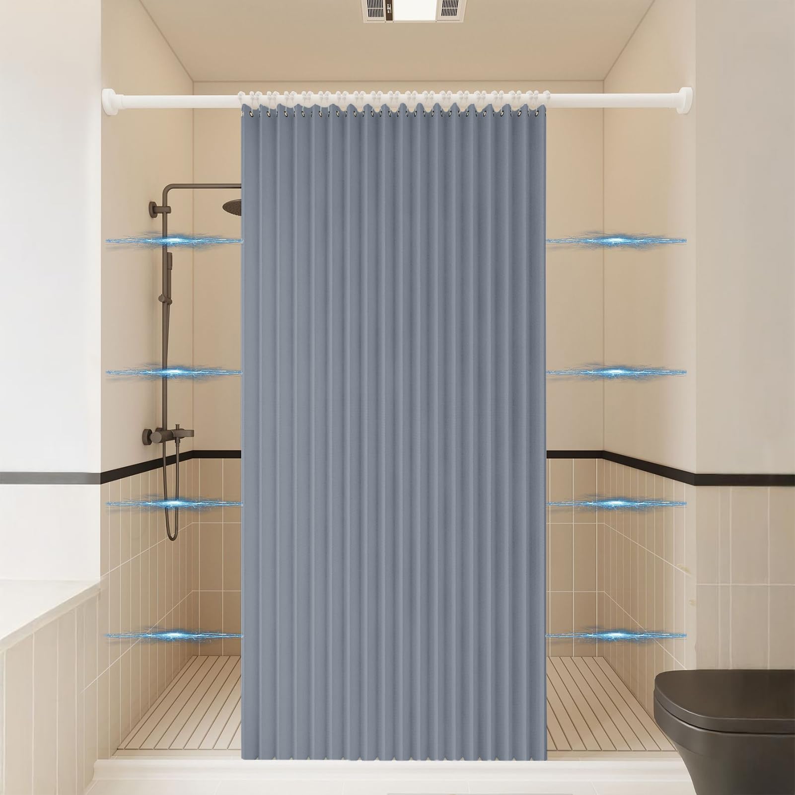 Aimant Rideau de Douche Pliable Magnétique, Gris Bleu, 150x180cm | Tissu Imperméable Anti-moisissure Rideaux de Douche Accordéon Plissés Lavables avec Crochet, 220g/m²
