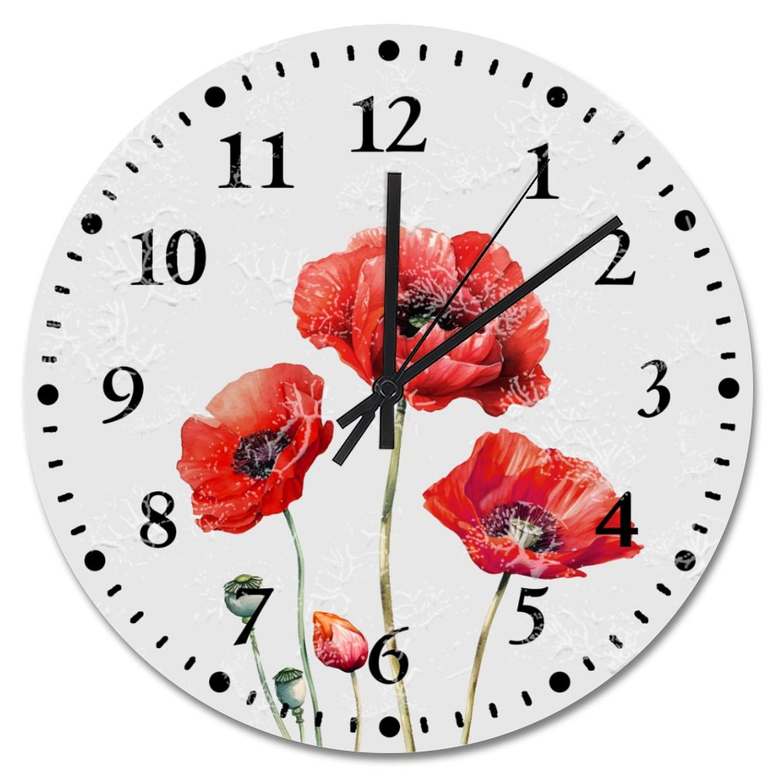 Horloge murale 38 cm fleurs rouges silencieuse à pile pour salon style champêtre
