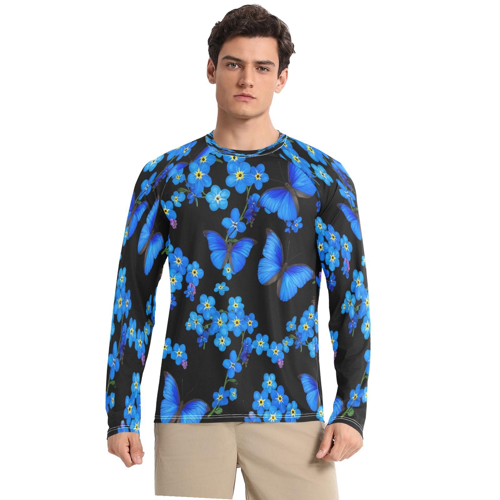 Blue Floral Pattern Men's Sun Protection Shirts UPF 50+ Long Sleeve UV Rash Guard Quick Dry Swim Shirts-image-21