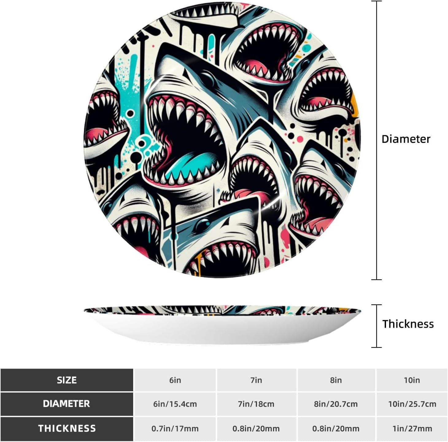 Shark-Open-Mouth-Doodle 10 Inch Decorative Plate With Stand, Elegant Display Wall Plate For Home Decor