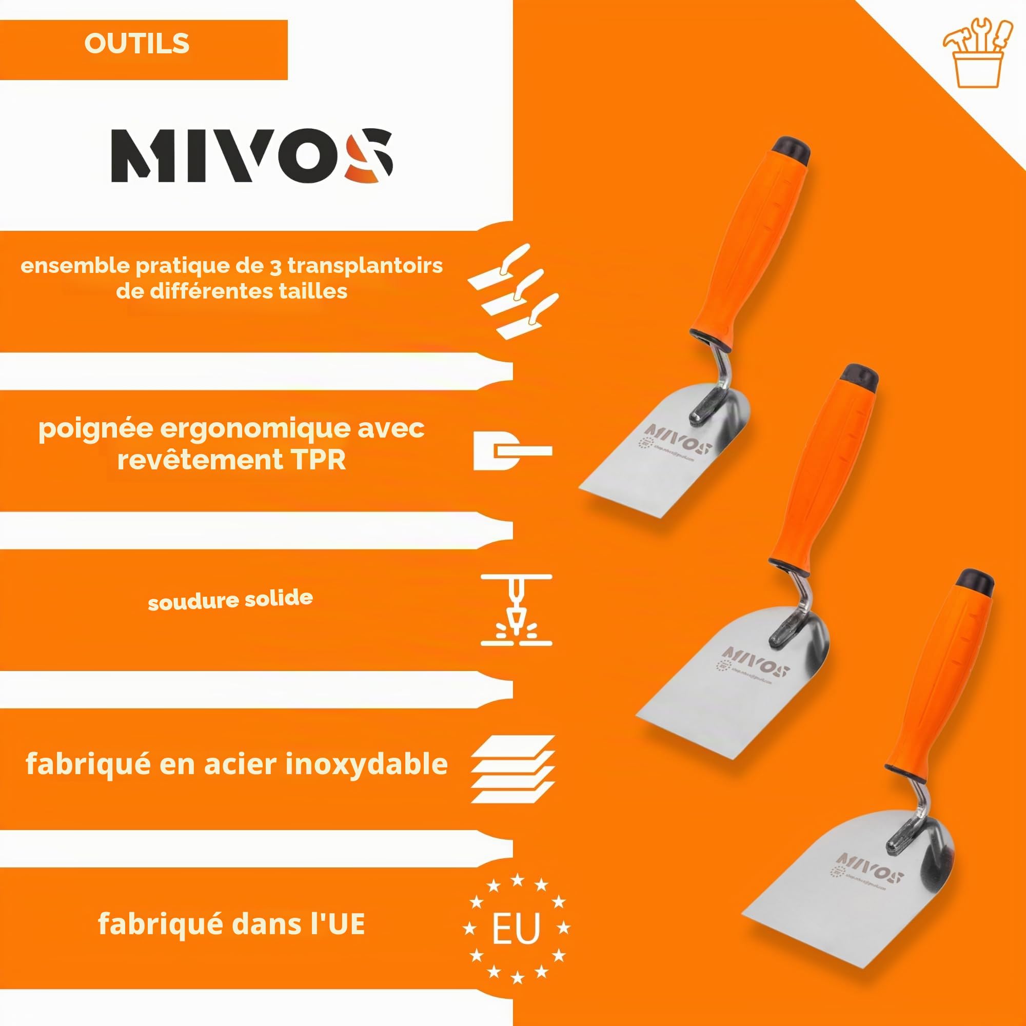 Mivos Lot de 3 Truelles de Maçon en Acier Inoxydable - 60 mm 80 mm 100 mm - Spatule de Stucateur avec Poignée Souple - Kit de Truelles pour Travaux de Stuc et Maçonnerie - Fabriqué en UE