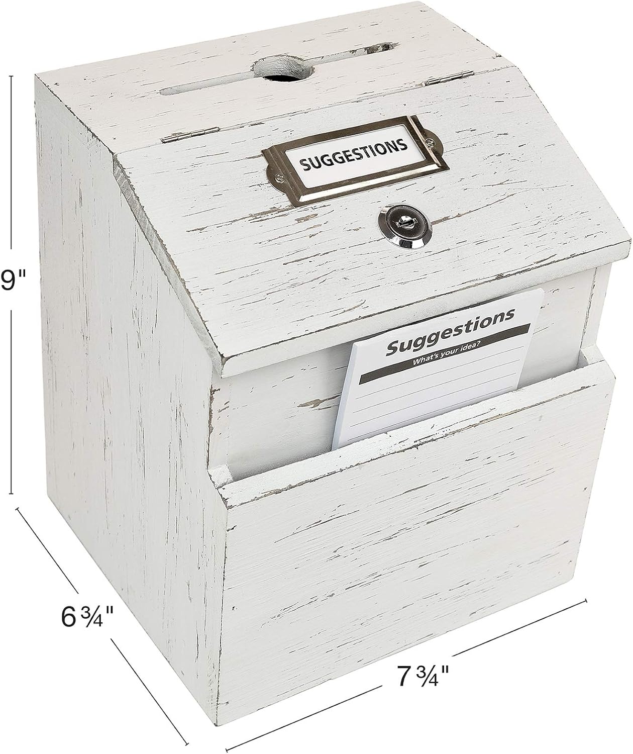 Rustic White Suggestion Box with Lock: Wooden Ballot Comment Box, Wall Mounted or Freestanding. Includes Printed Labels & Suggestion Pads Cards : Office Products