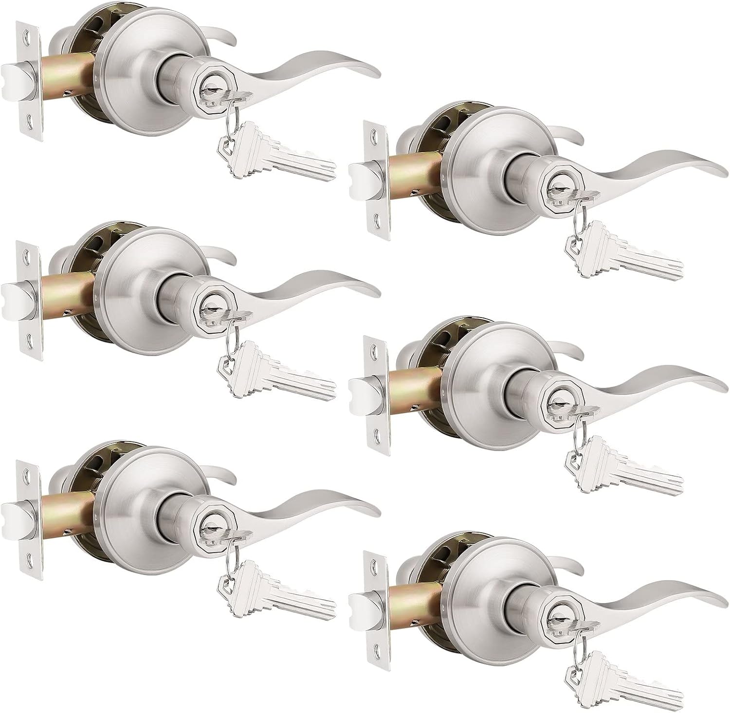 Probrico (6 Pack Keyed Alike Entry Door Lever [Lock with 3 Combo Keys],Locking Door Handle for Office or Front Door,Satin Nickel Finish Wave Entrance Door Lock, Reversible Right & Left Side Handed