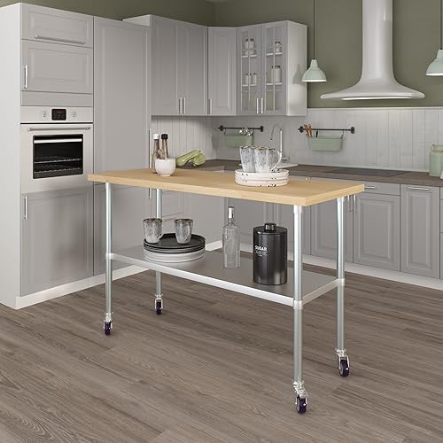 Miniatura 4 de Mesa de trabajo superior de madera de arce con estante inferior ajustable y ruedas (60 pulgadas de largo x 24 pulgadas de profundidad)