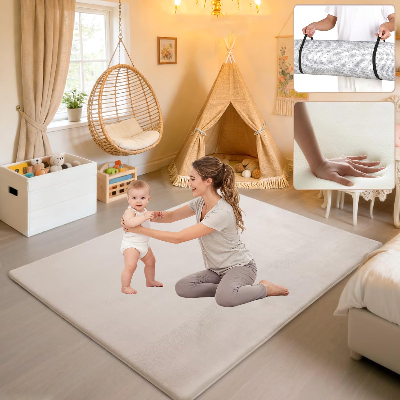 Tapis d'éveil et de Jeux Epais de 2.5cm, Beb Tapis pour Bébé Conception Antidérapante 150 x 180 cm Crème Tatami Tapis pour la Chambre Bebe, Chambre d'enfants pour Filles et Garçons