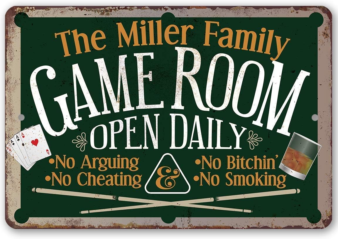 Personalized Game Room Metal Sign - Family Pool Sign, Funny Home Decoration and Billiard Accessories, Unique Housewarming and Father's Day Gift, Choose 8x12 or 12x8 Use Indoor or Outdoor Metal Sign