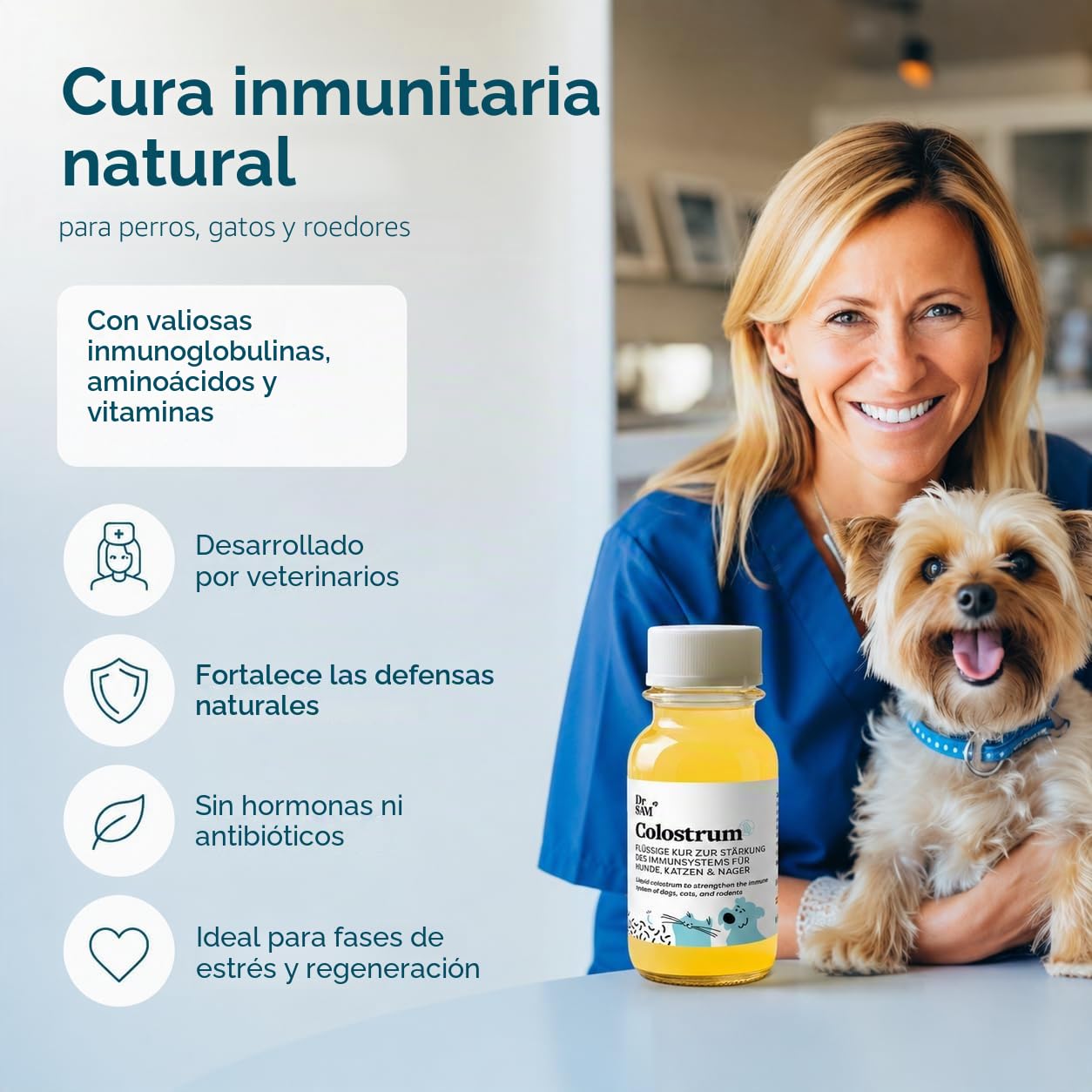 Dr. SAM Calostro para gatos y perros – Tratamiento para fortalecer el sistema inmunológico, natural y especialmente baja en lactosa, calostro de vaca para defensa inmune, fabricado en Alemania, 125 ml