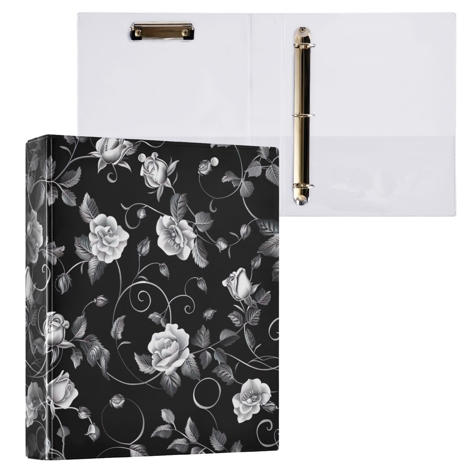WELLDAY 3 Ring Binders, 1.5 Inch Binder with Round Rings to Hold 200 Sheets, Black White Roses 3 Ring Binders with Clipboard for Home Class Office