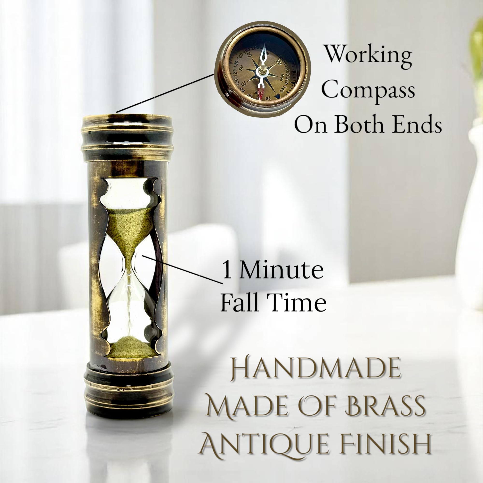 Temporizador de arena de latón con reloj de arena, acento decorativo para el hogar, inspirado en la vendimia con funda de cuero, regalo ideal para bodas y ocasiones especiales