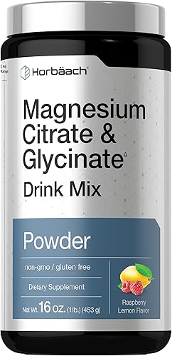 Horbaach Citrato de magnesio y glicinato  325 mg  16 onzas  Mezcla de bebida con sabor a limón de frambuesa  Vegana, sin OMG y sin gluten