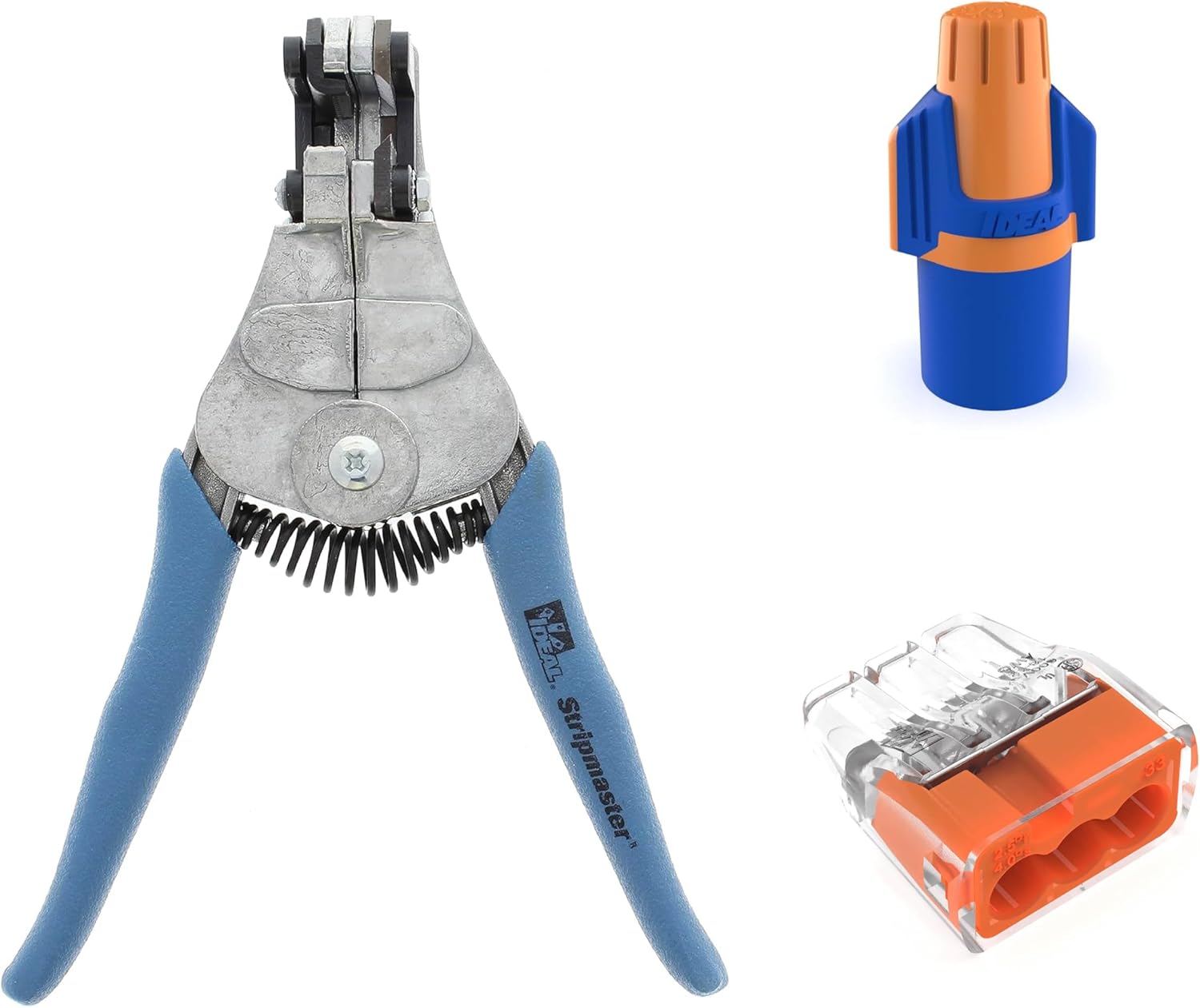 IDEAL Electrical StripMaster Wire Stripper (45-097), Twister ProFLEX Mini Orange/Blue Jar of 175 (30-443J),In-Sure Push-In Wire Connector Bag of 100 (30-1033P)