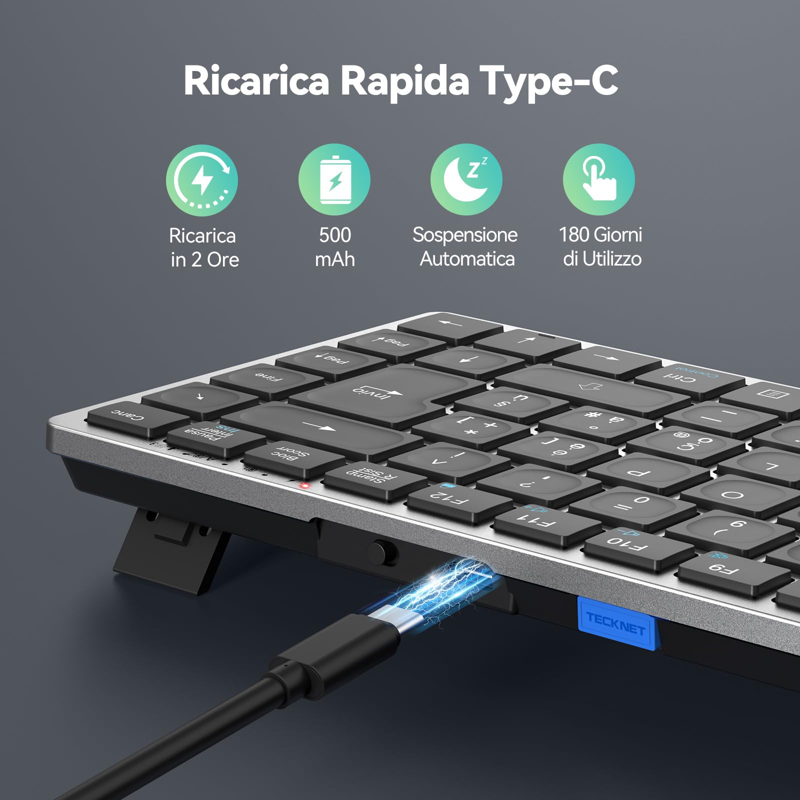 TECKNET Tastiera Bluetooth Ricaricabile, 4-Dispositivo (2.4G USB+3 BT), Mini Tastiera Wireless Italiana, Easy-Switch per Windows, MacOS, iOS, Android, Samsung Tablet, Smart TV, Italiano Layout QWERTY