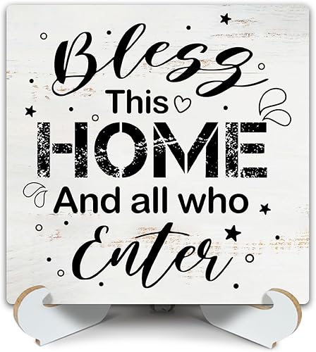 Bless This Home And All Who Enter Placa de madera impresa con soporte, placa de decoración de escritorio cristiana de 4 x 4 pulgadas, letrero de