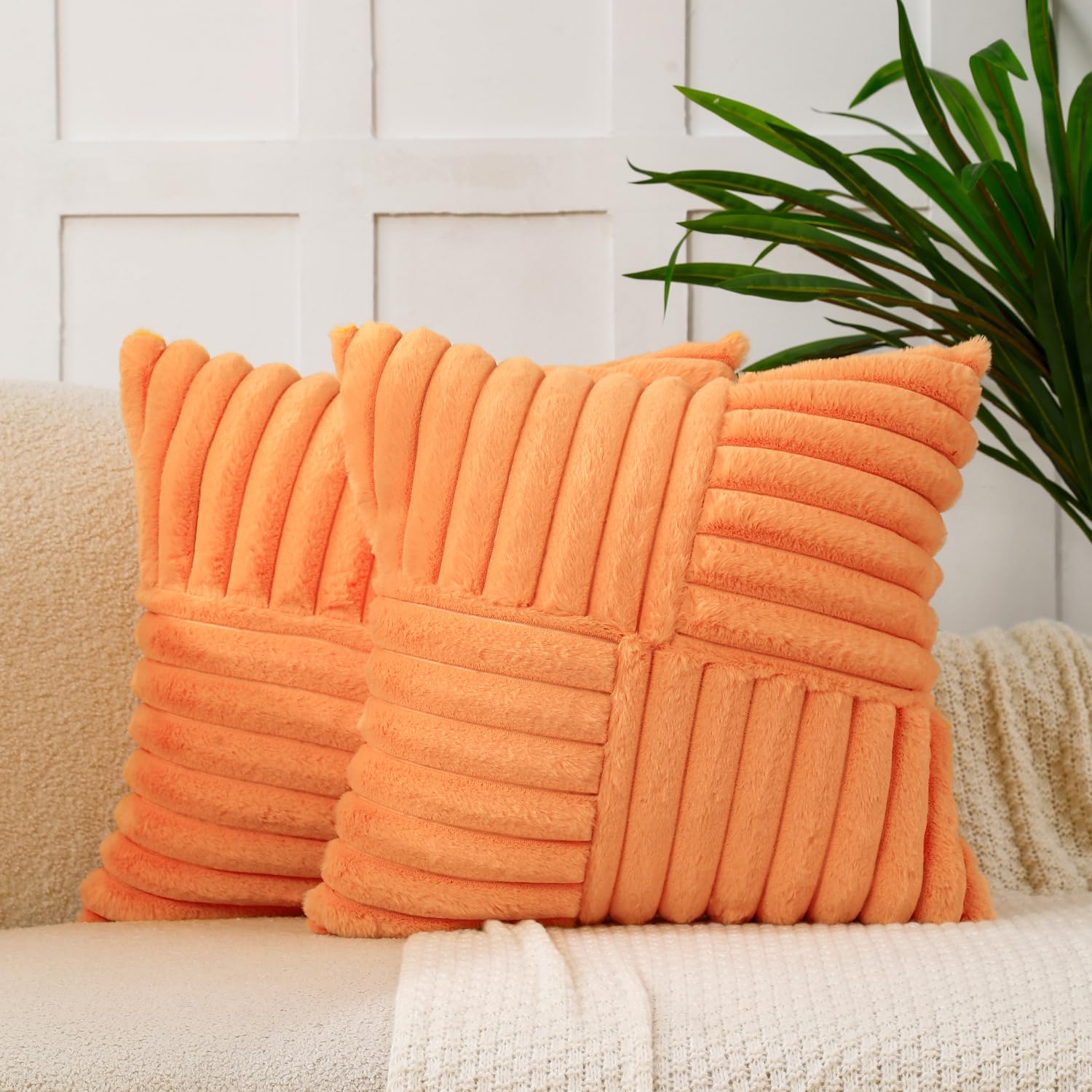 All Smiles Couch Decorative Throw Pillow Covers 16x16 Set of 2 Faux Fur Plush Soft Fluffy Velvet Cushion Case Cozy Fuzzy Striped Pillowcase Home Decor for Bed Sofa Living Room,Orange — image 1