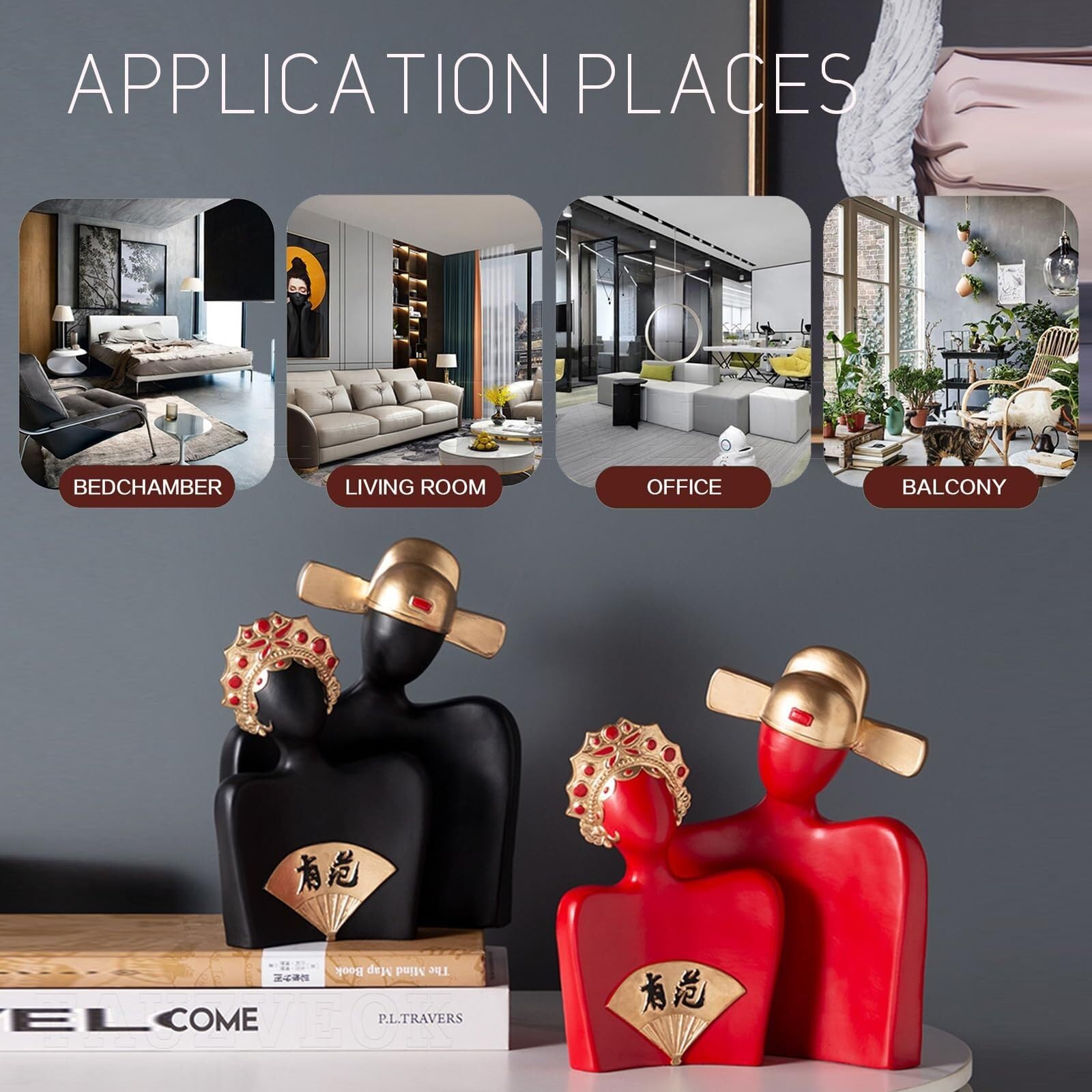 Regali per donna Statua di coppia sculture moderne in stile déco, arte astratta, nero e oro Decorazione da scaffale(Love Red)