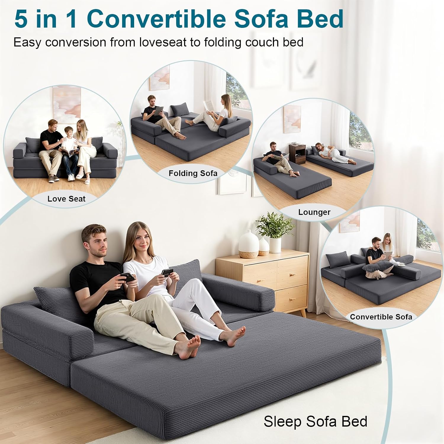 HOMMPA 5-in-1 Folding Convertible Sofa Bed 78 Inch Oversized Boneless Couch Loveseat Sleeper Pull Out Floor Sofa Bed Corduroy Foldable Mattress Couch for Living Room Bedroom Lounge King Size Grey | Convertible