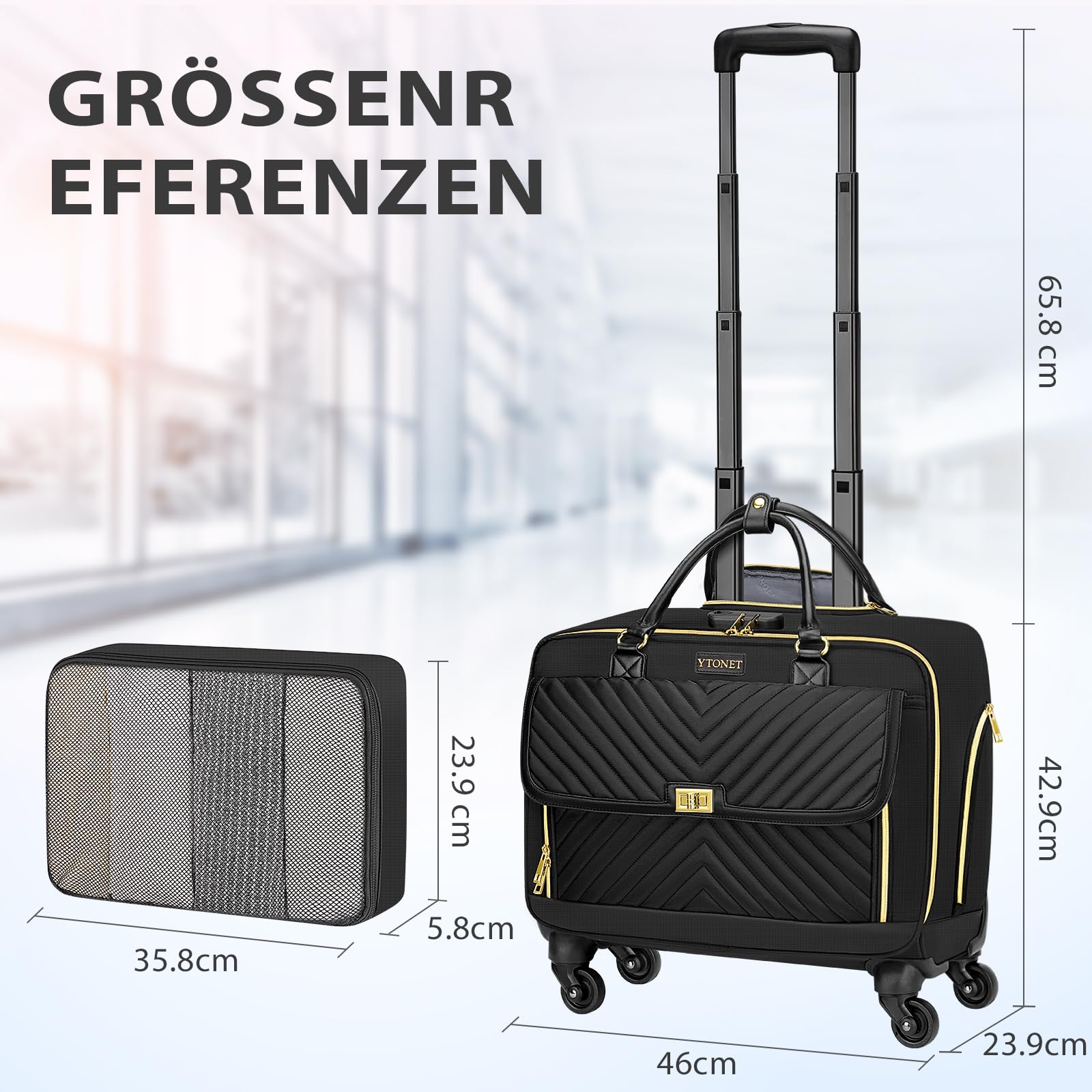 Ytonet Business Trolley Damen mit 4 Spinner-Räderm, Laptop Trolley 17.3 Zoll für Damen, Aktenkoffer mit Rollen mit Organizer-Tasche Zahlenschloss Pilotenkoffer mit Rollen für Reisen Arbeit, Schwarz