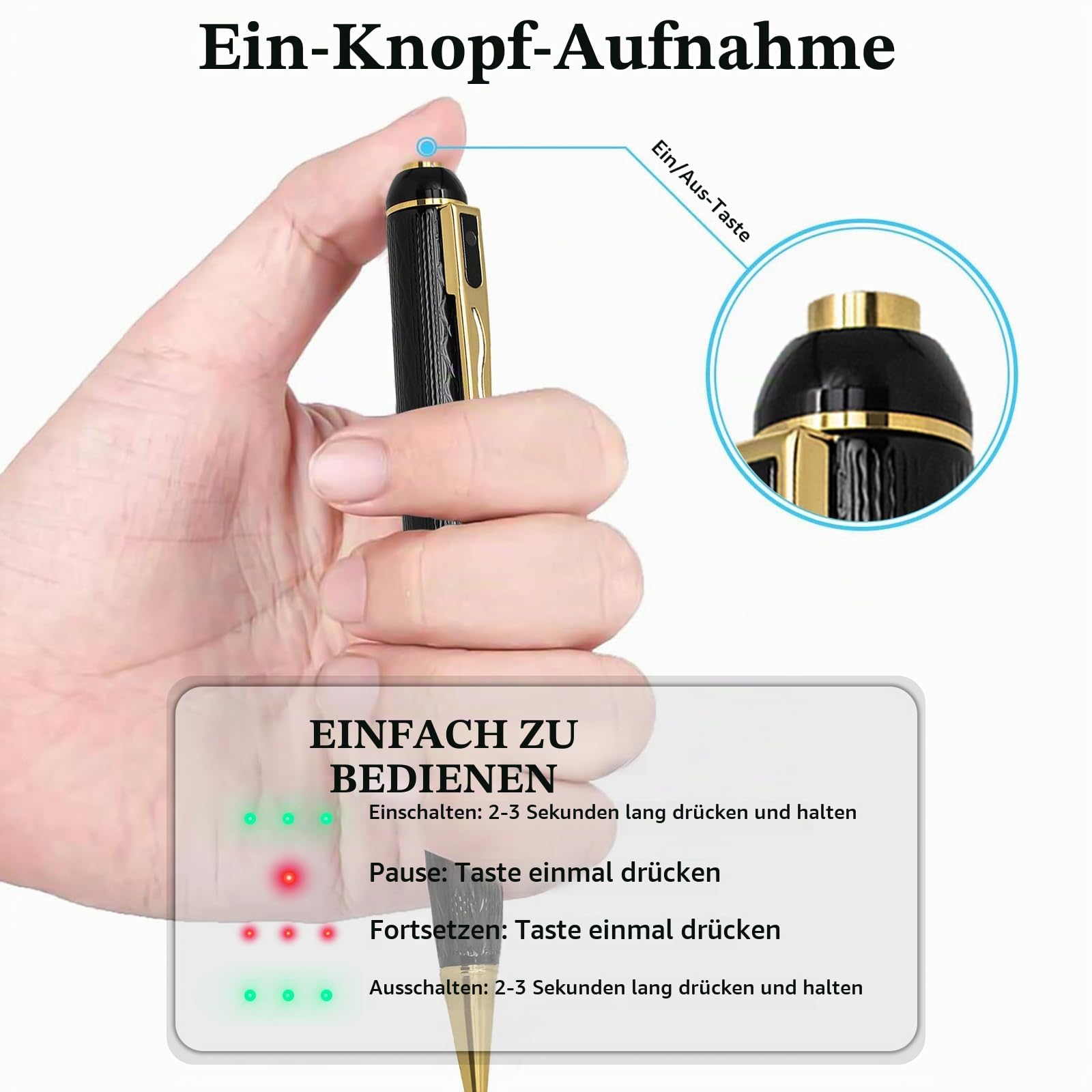 128GB Mini Versteckter Kamera Stift, 1080P FHD Nanny Cam mit 300 Min Lange Akkulaufzeit, Ein-Knopf-Betrieb, Metallkörper Mikro-Sicherheitskamera für Home Office (128GB)