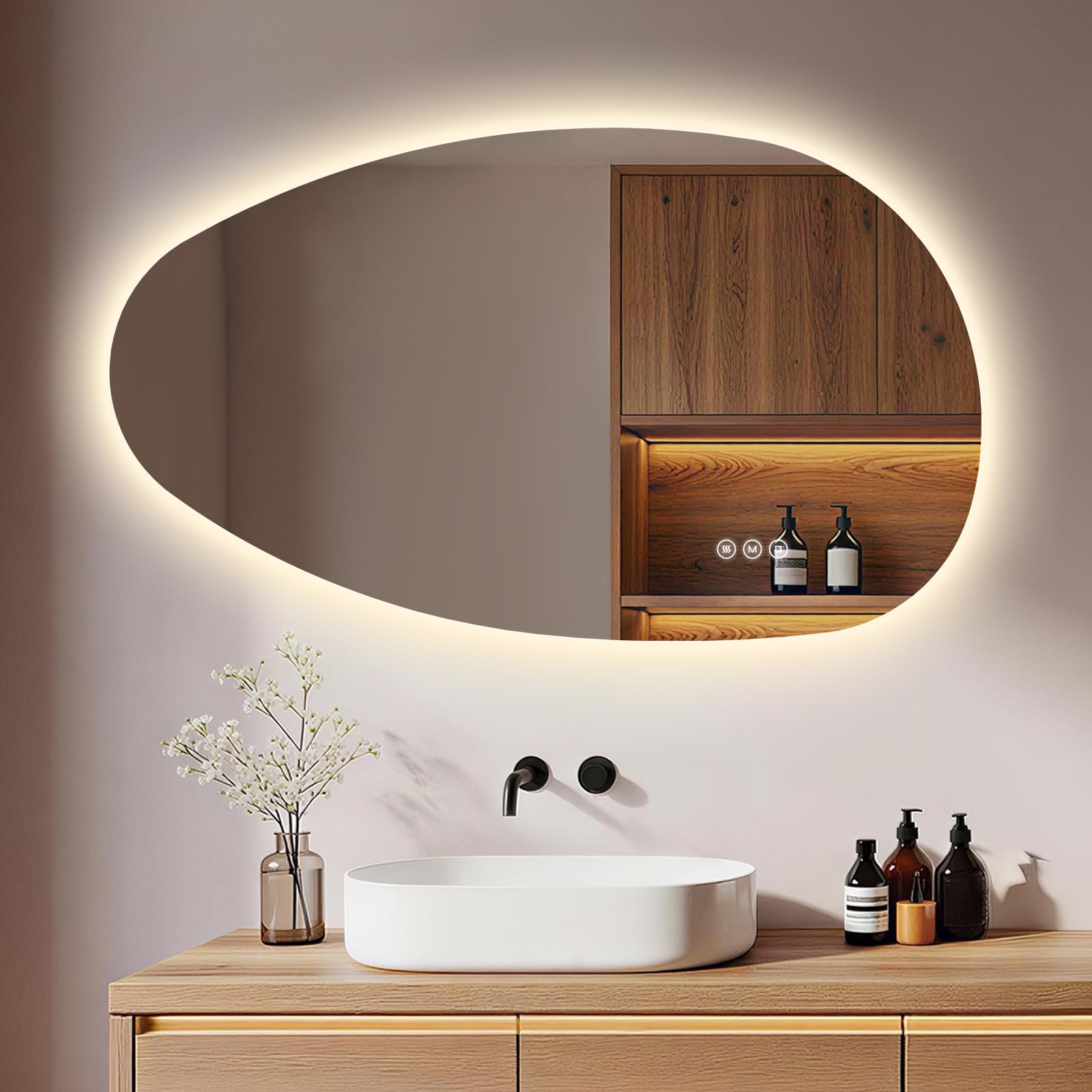 S'AFIELINA Asymmetrical Bathroom Mirror with LED Lights, Anti-Fog, 85×50cm — image 1