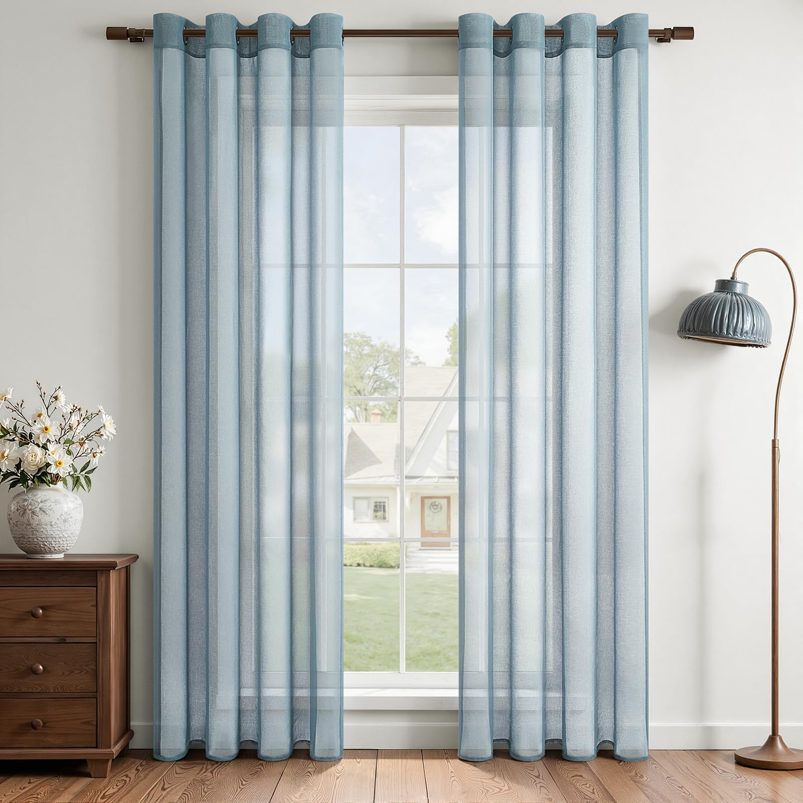 MRTREES Voile Curtains, Semi-Transparent, Short with Eyelets, Scarf Curtains in Linen Look for Living Room, Bedroom, Children's Room, Dark Blue, 220 × 140 cm (H×W), Set of 2