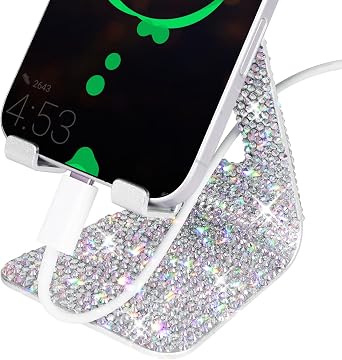 LUVI Bling Phone Stand Adjustable Aluminum Alloy Kickstand Crystal Rhinestone Compatible with All Phones Glitter Holder Luxury Desktop Decoration for Women Girls -Silver