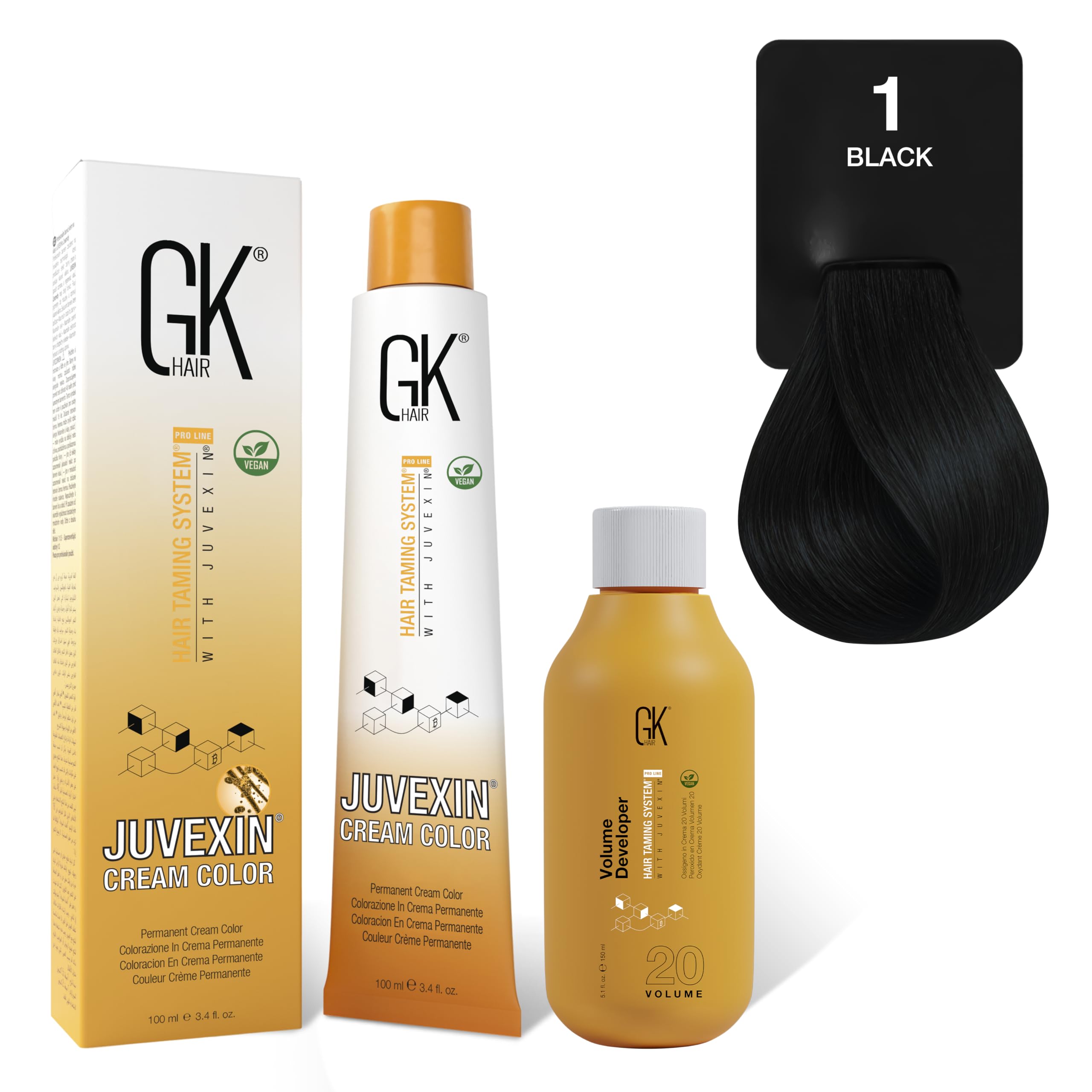GK HAIR Global Keratin Natural 1 Black Hair Color Cream Tube (3.4 Fl Oz/100ml) + 20 Volume Developer (5 Fl Oz/150ml) - Professional Permanent Long Lasting Toner Dye
