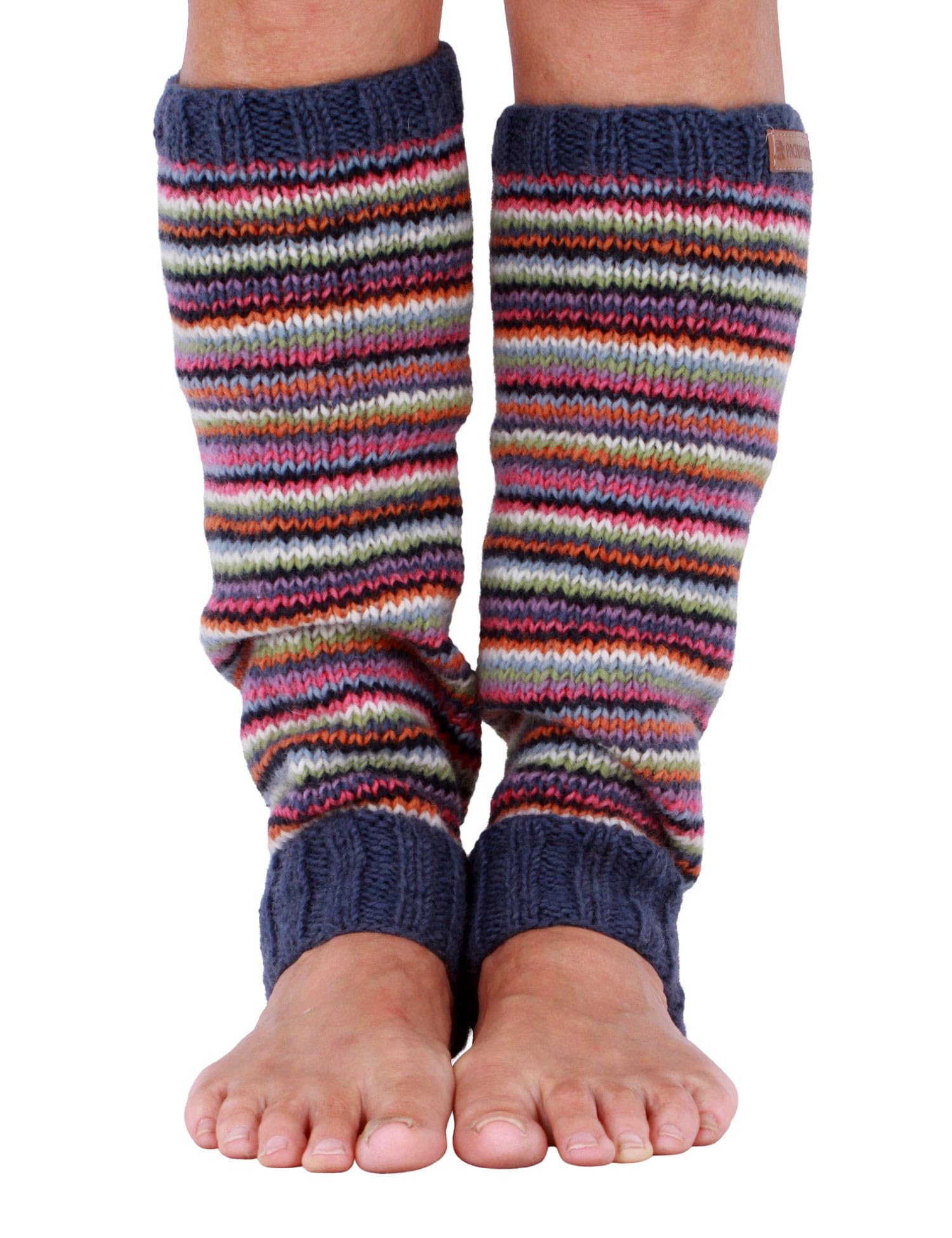 Pachamama 100% Wool Legwarmer Handknitted Stripes Denim Multicoloured Regular Fit Handmade Extra Warm Fair Trade