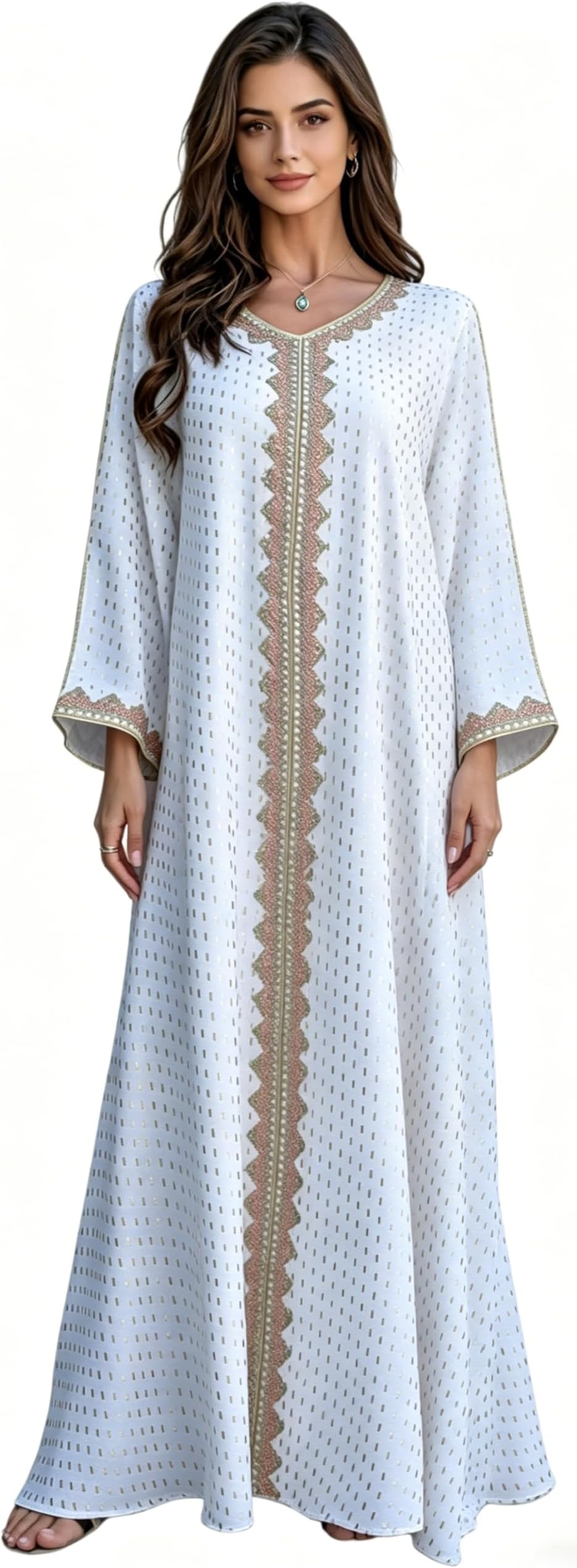 Women's Embroidered Muslim Abaya Bell Sleeve Loose Modest Maxi Dress