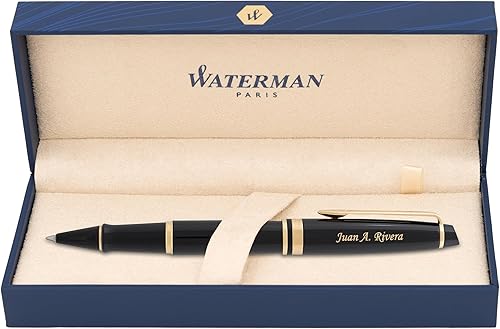Bolígrafo de punta redonda WATERMAN Expert grabada en laca negra con borde dorado. Regalo de lujo personalizado para graduación o hitos