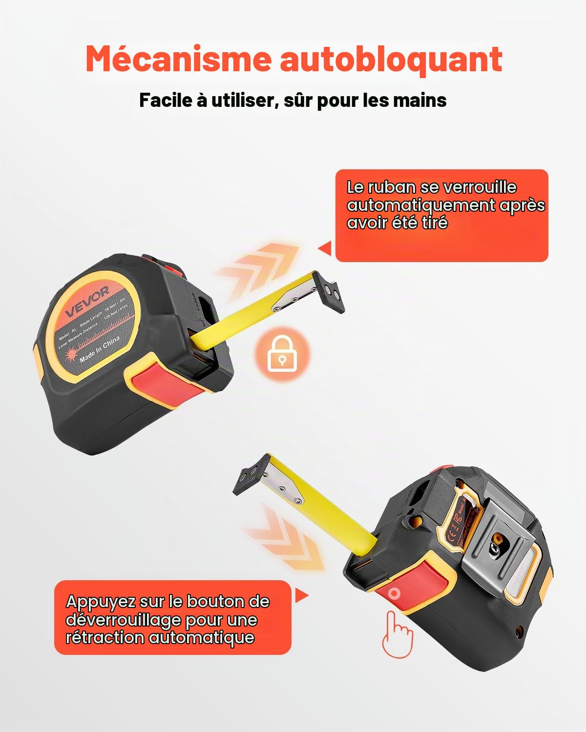 VEVOR Mètre Ruban Laser 2 en 1 Ruban de Mesure Laser Rechargeable 135 pi 41 m Outil de Mesure Magnétique 16 pi 4,9 m, 4 Modes, Longueur, Surface, Volume, Continu, Unités pi/po/m/pi+po, pour Extérieur