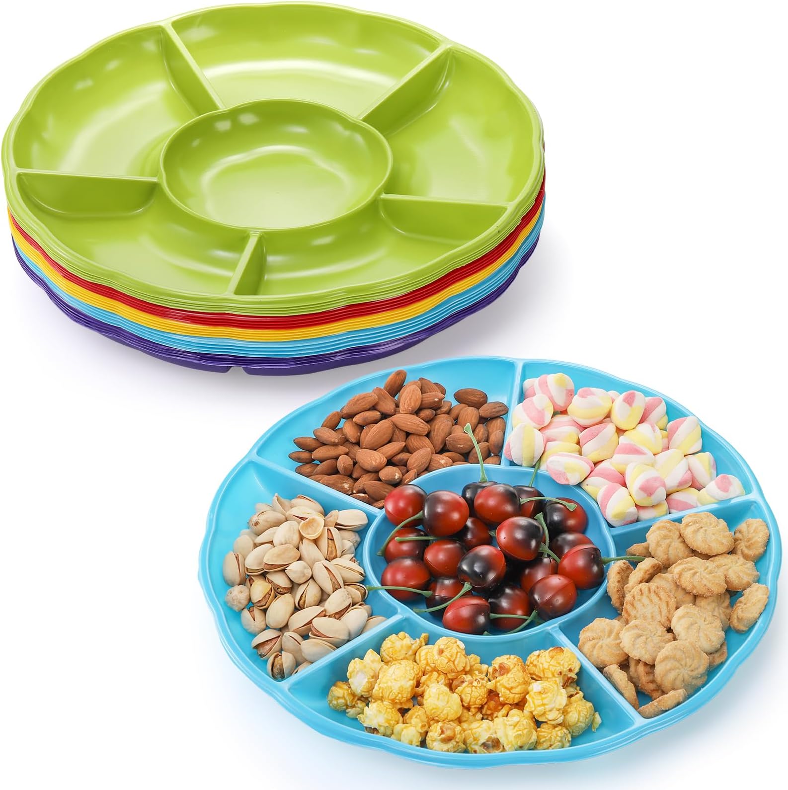Frcctre 20 Pack Disposable Plastic Appetizer Serving Platter, 12 Inch 6 Sectional Divided Snack Nut Candy Veggie Fruit Dish Serving Platter Divided Food Tray