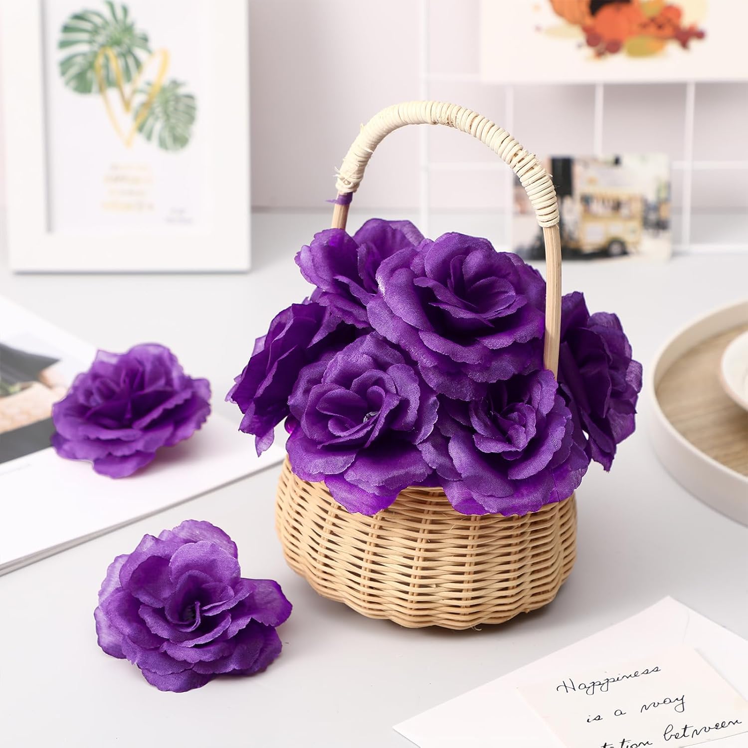 200 Pcs 3 Inch Artificial Flowers Fake Silk Rose Head Flower with Stem Emerald Flower Faux Rose and 6 Inch Stem for Wedding Bridal Bouquet Home Floral Decor DIY Centerpieces(Dark Purple)