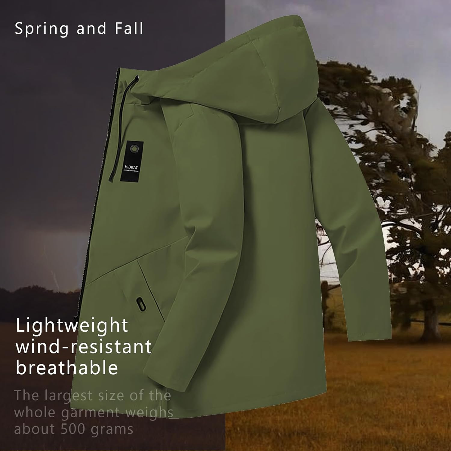 Men's Casual Fashion Windbreaker Coat-Lightweight Mid-Length Jacket Hooded Trench Coat with Two Large Pockets - Image 5