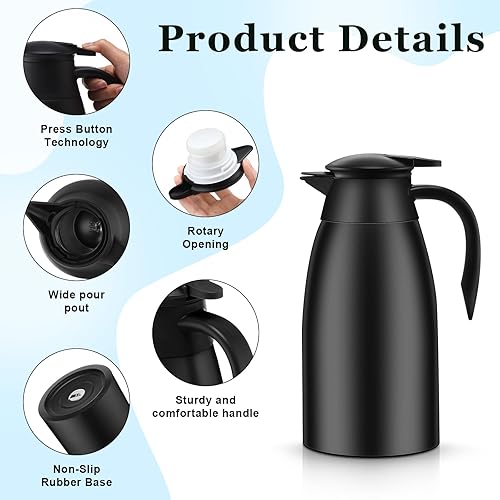 Miniatura 3 de 2 jarras térmicas de café de 51 onzas con aislamiento al vacío de acero inoxidable al vacío, jarra de café al vacío de doble pared para café,